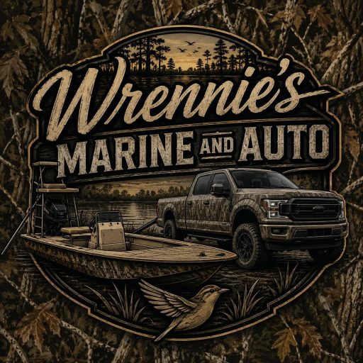 Wrennie's Marine and Auto logo featuring a boat and truck graphic.