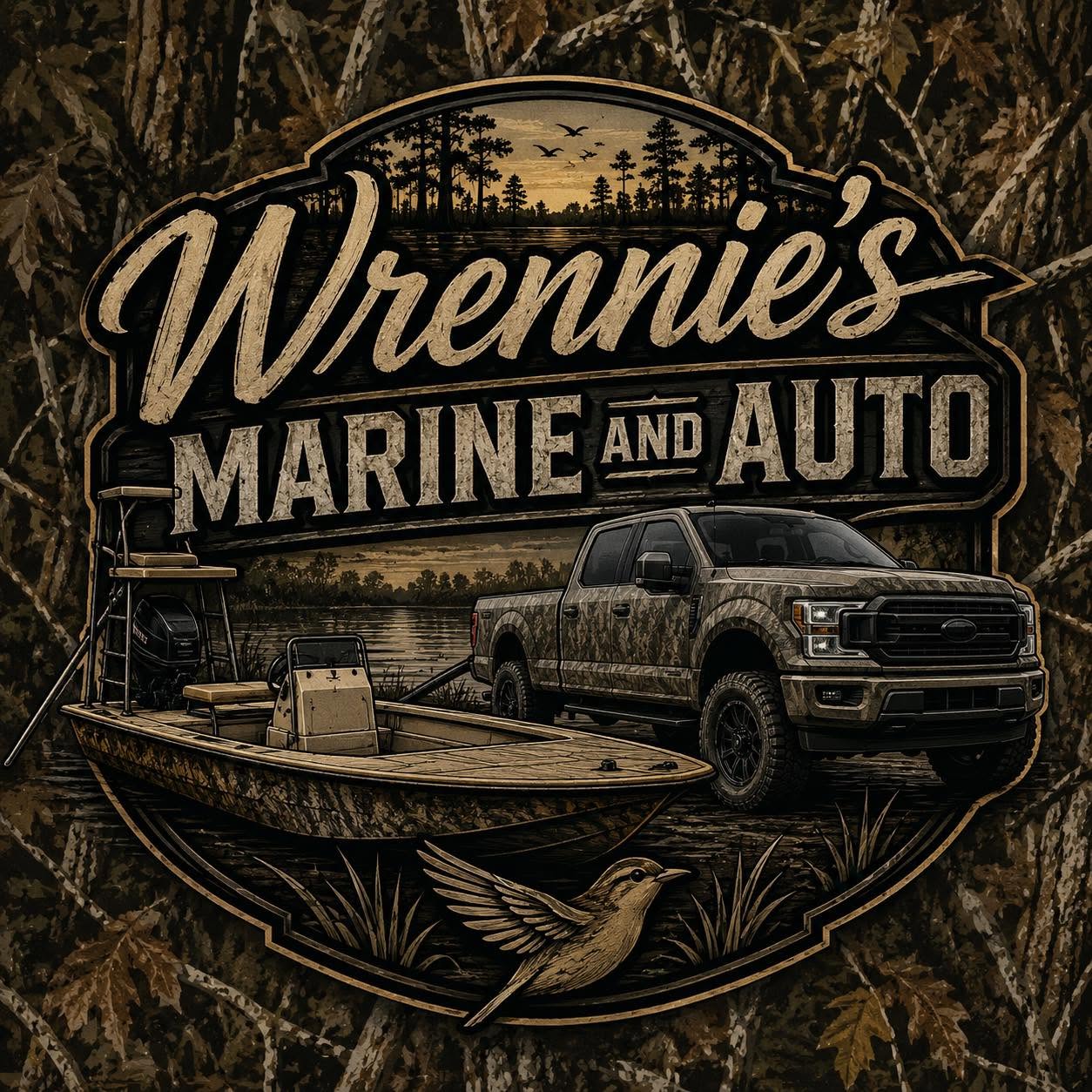 Wrennie's Marine and Auto logo featuring a boat and truck graphic.